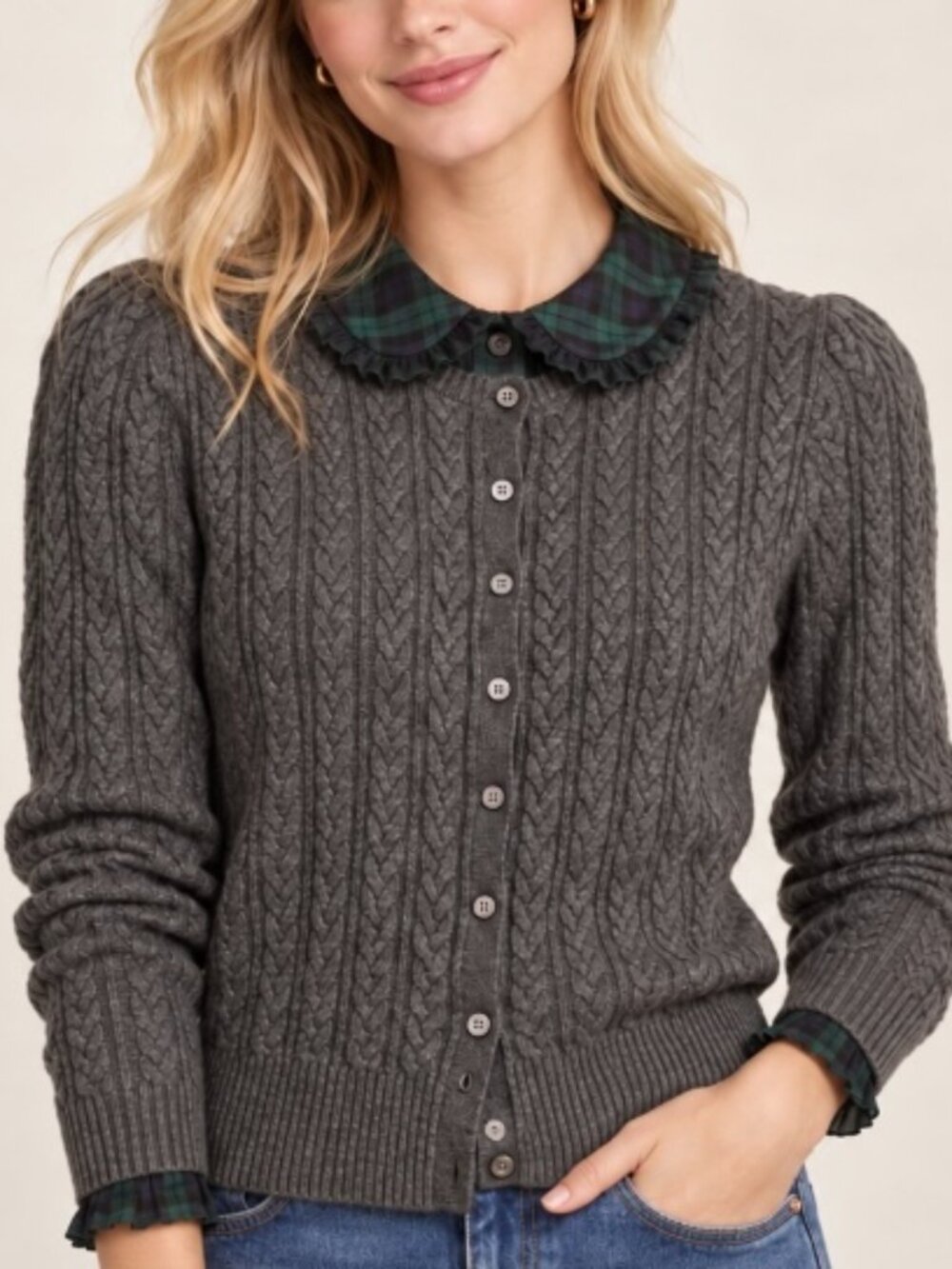 Eddie Bauer gray cable knit cardigan size S preppy fall
